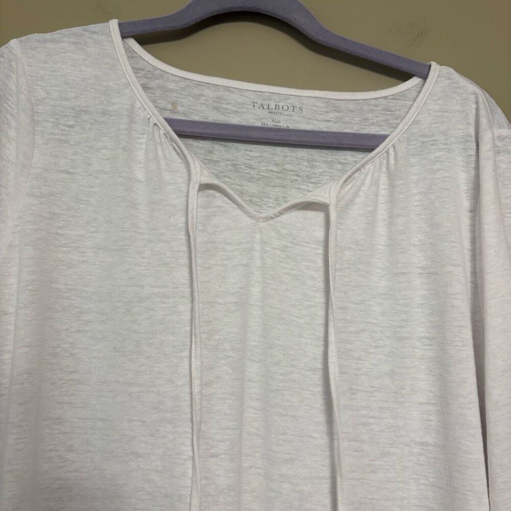 Talbots Women’s White Linen Blend 3/4 Sleeve Notch Neckline Tassel Petite XL XLP - Picture 6 of 6